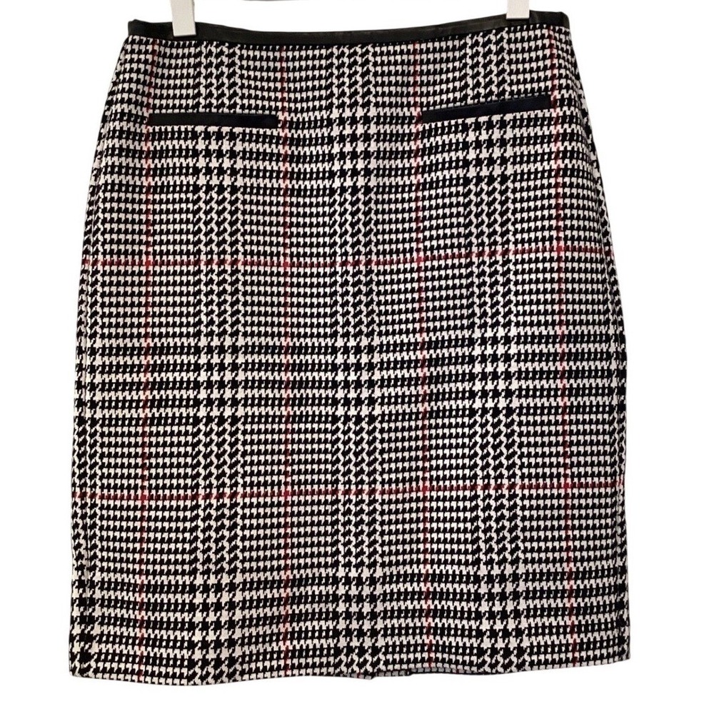 Talbots Houndstooth Pencil Skirt Faux Leather Trim Black White Red - 8